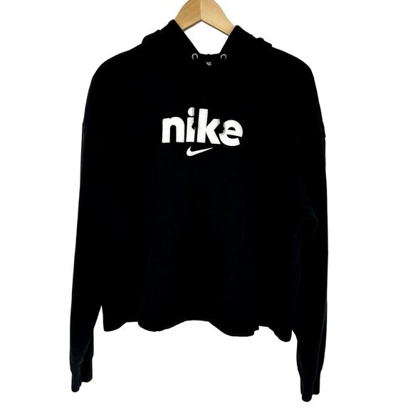 Nike Varsity Fleece‎ Swoosh Spell Out Hoodie Black White Size L Loose Fit Soft - Picture 1 of 10